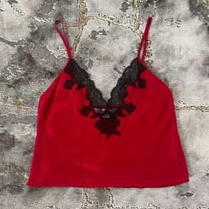 Victoria’s Secret ruby-red silk lingerie cami top with black lace trim ❤️🖤